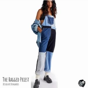 FREE PEOPLE THE RAGGED PREIST DISSOLVER DUNGAREES PATCHWORK OVERALLS IN BLUE MIX